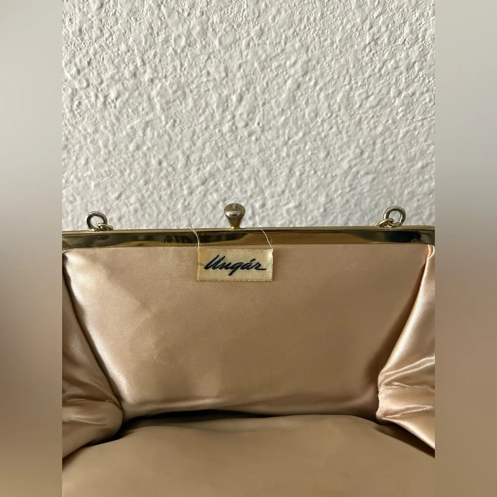 Vintage Unger Burgundy Satin Kiss Lock Clutch w/ Chain Strap - Picture 6 of 9